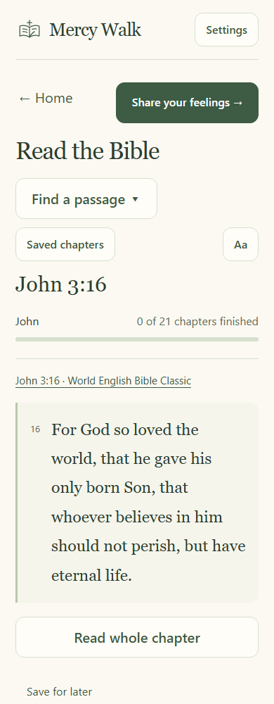 The actual Mercy Walk reading screen showing John 3:16 and reading progress.