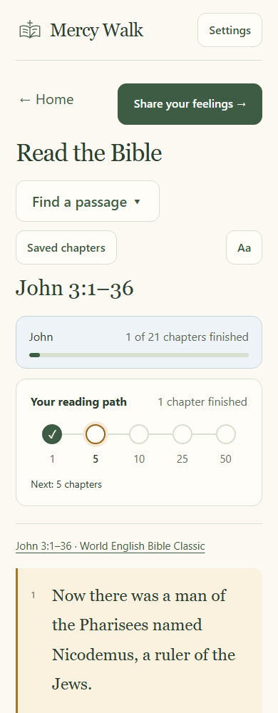 The actual Mercy Walk reading screen with a milestone map, one chapter finished, and the next milestone at five chapters.